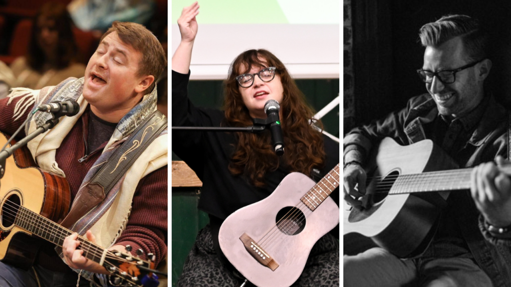 side-by-side portraits of three musicians, from left to right: Rabbi Noah Diamondstein, eyes closed, singing and playing guitar; Eliana Light, holding a pink guitar in one hand and holding the other hand over her head in prayer; and Charlie Kramer, smiling broadly while playing guitar